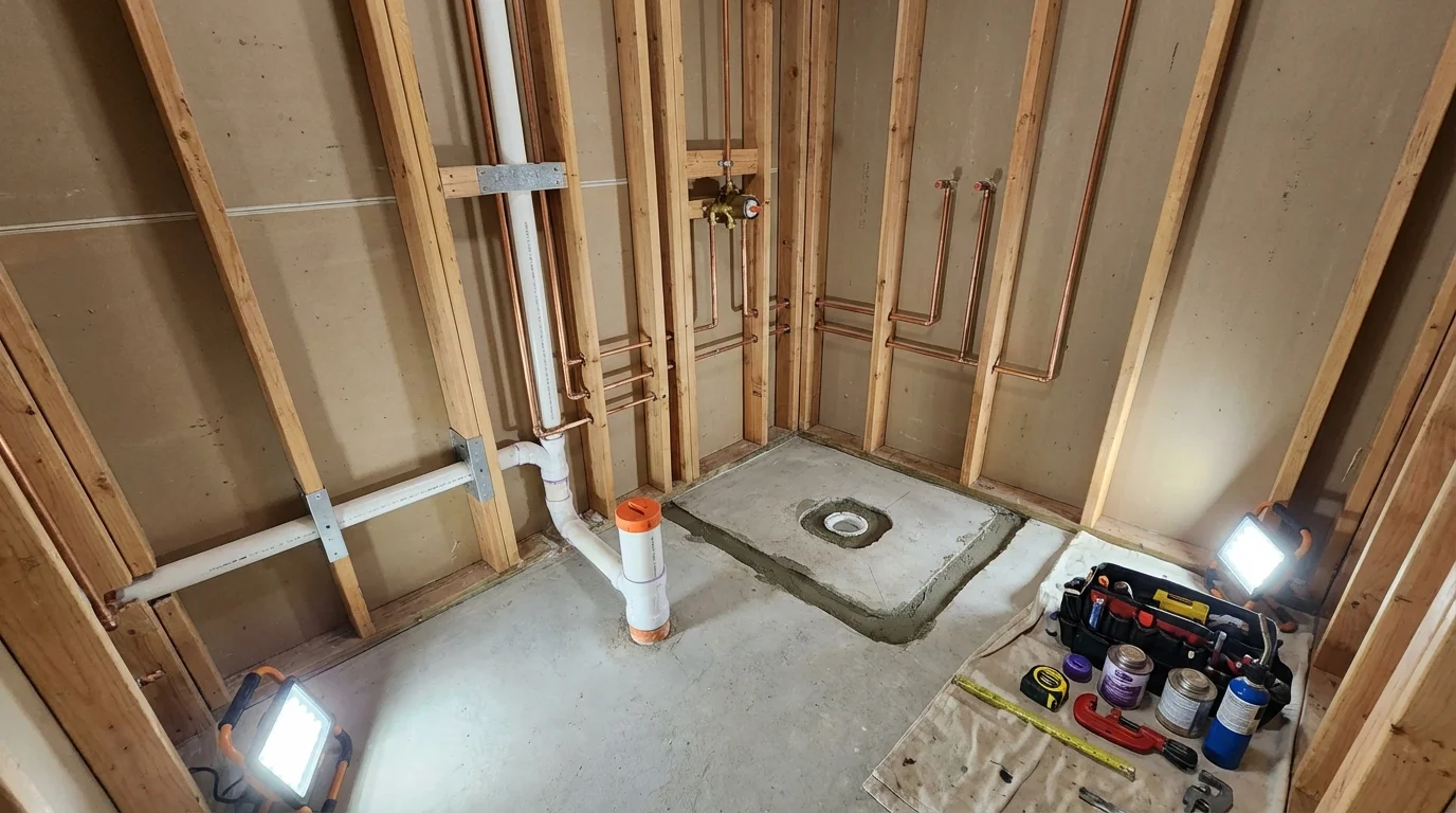 Bathroom rough-in plumbing during remodel by Johns Plumbing LLC in Vine Grove