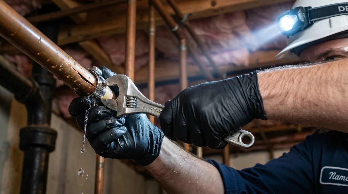 Emergency pipe clamp repair being performed by a Johns Plumbing LLC plumber in Vine Grove