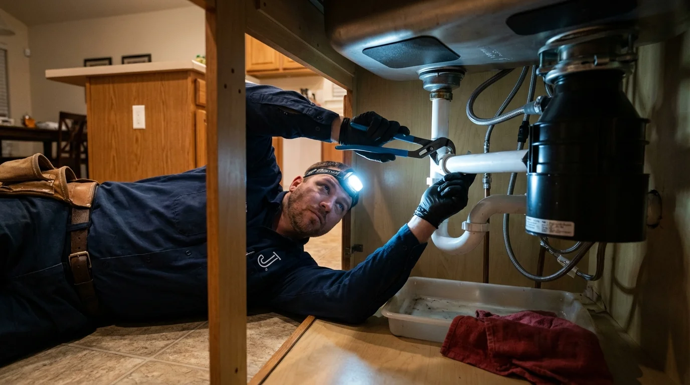 P-trap and supply line connections under a kitchen sink showing a common leak point in Vine Grove, KY